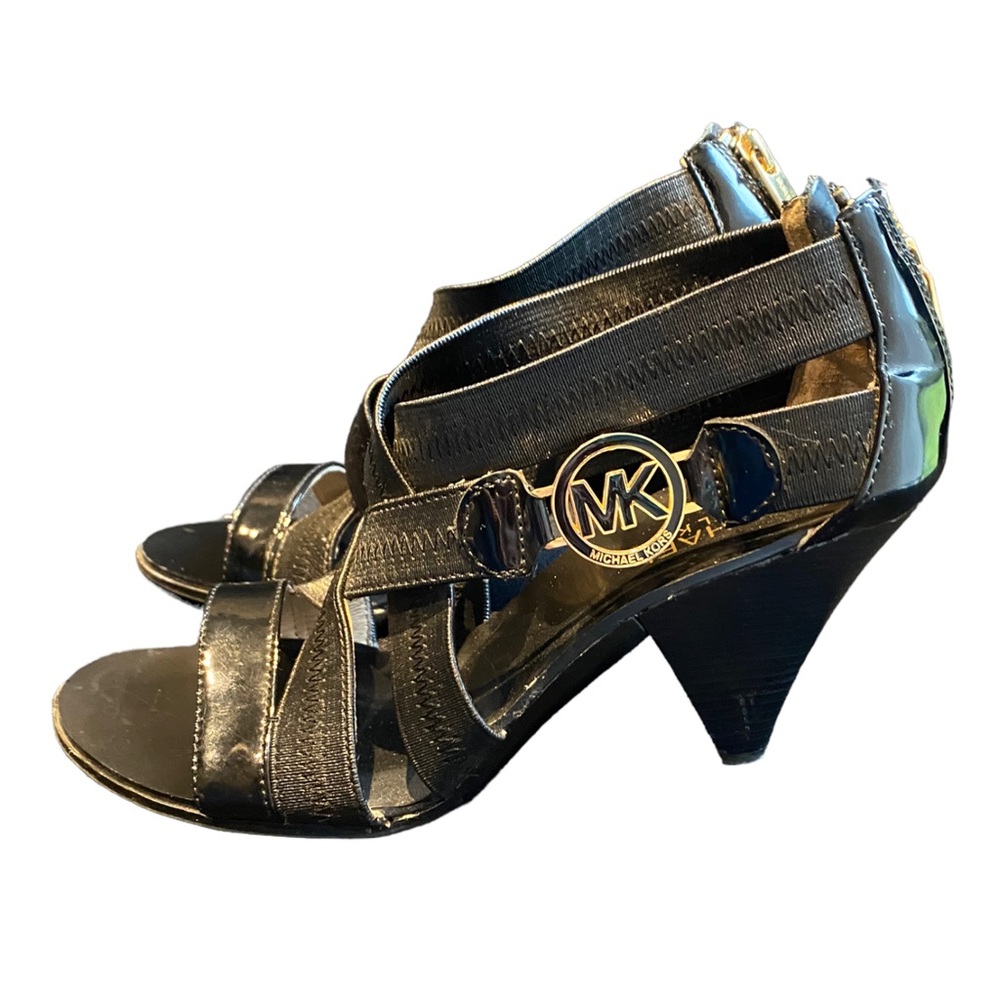 Michael Kors “Robertson” Black Back Zip Strappy Gold Logo Sandal Heels Women’s 8
